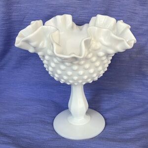 Vintage Milk Glass Hobnail Pedestal Compote With Scalloped & Ruffled Rim
